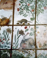 La antecámara del Studiolo de Francesco de Medici (detalle de la decoración que representa animales en una pérgola de jardín)